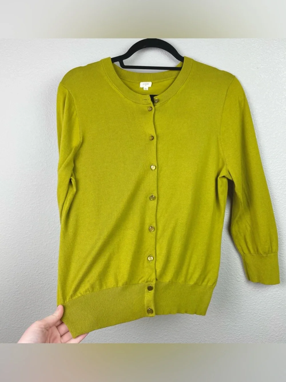 J. Crew Women's Large Chartreuse 3/4 Sleeve Button Front 100% Cotton Cardigan - Picture 7 of 16